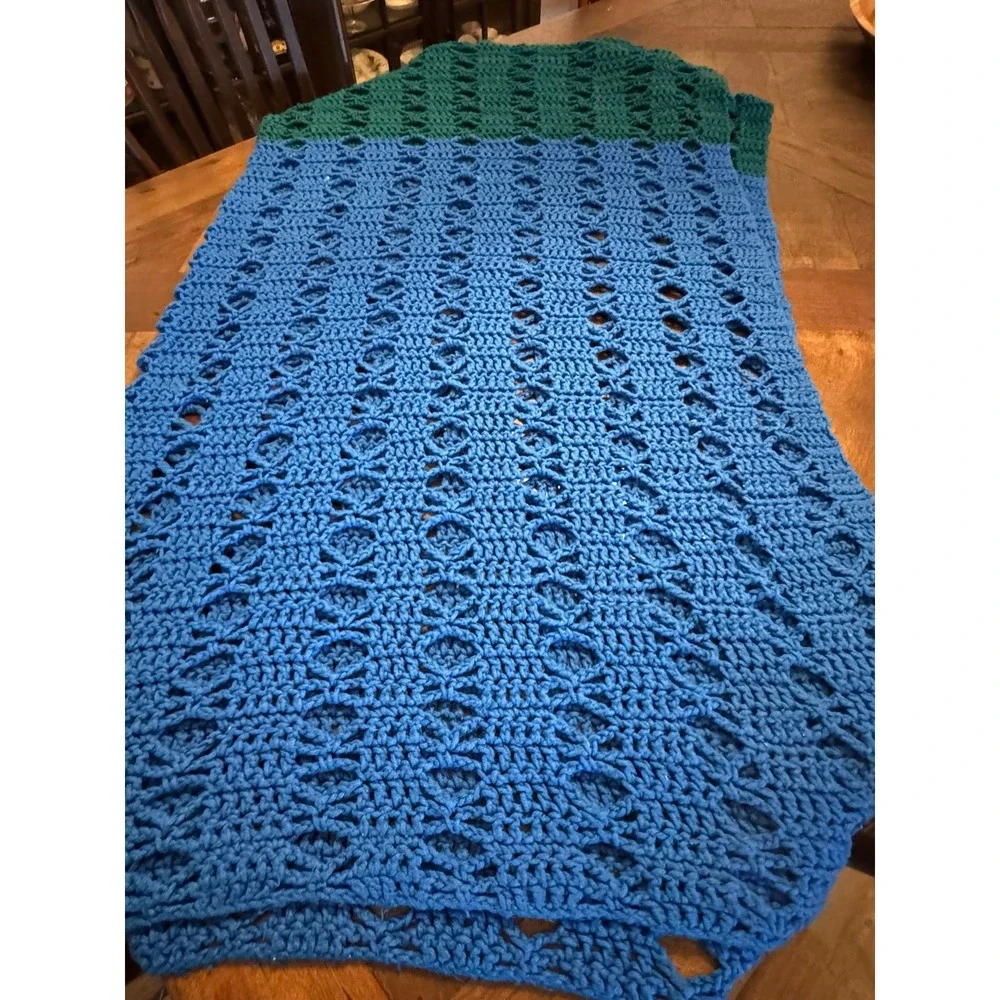 Handmade Granny Crochet Throw Blanket Green Blue Two Tone Open‎ Weave Boho Wrap